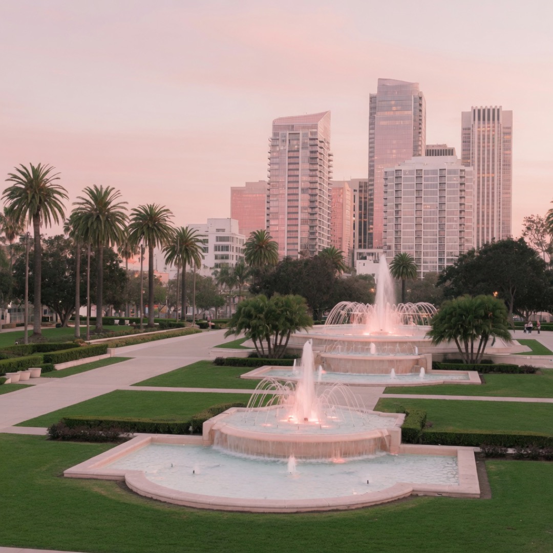 Long urban park with steps and fountains in downtown Los Angeles
