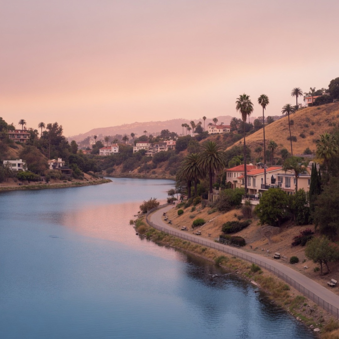 Reservoir loop path with the Hollywood sign in the distance
