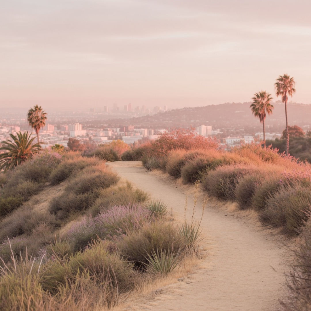Lower trail with hills and city view at Runyon Canyon
