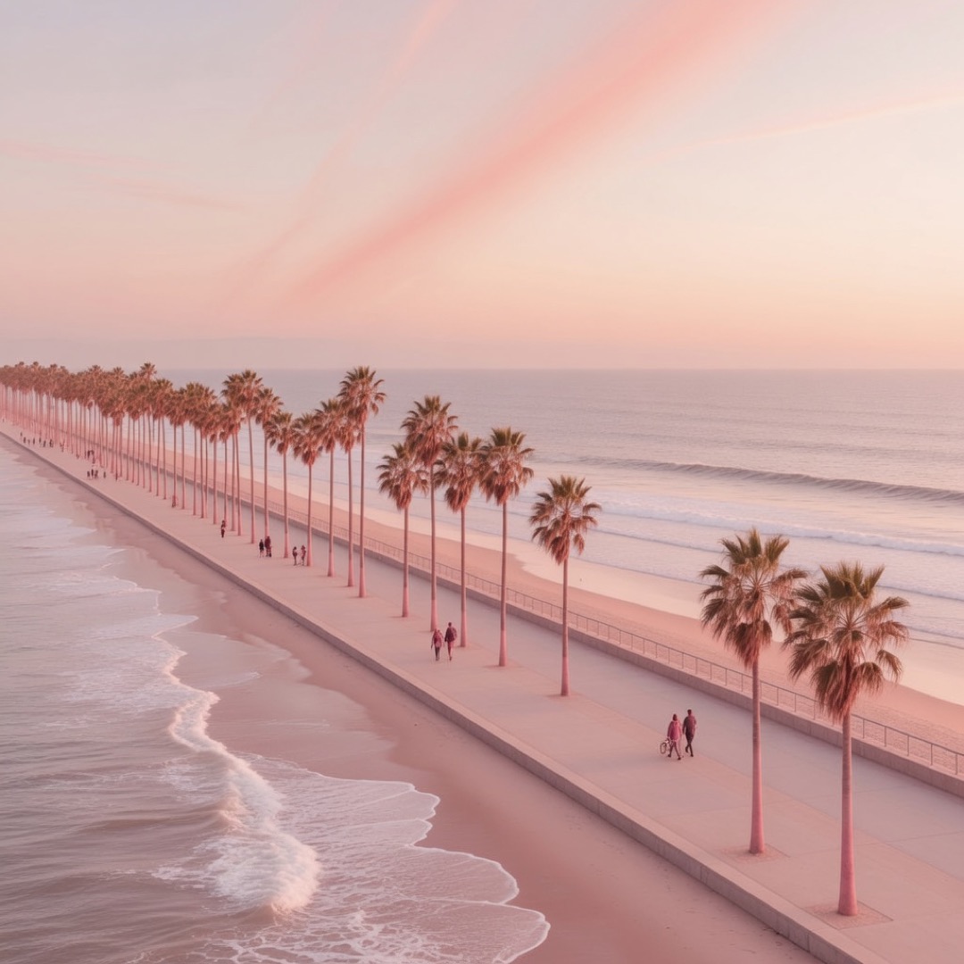 Boardwalk and ocean edge in Venice Beach, Los Angeles