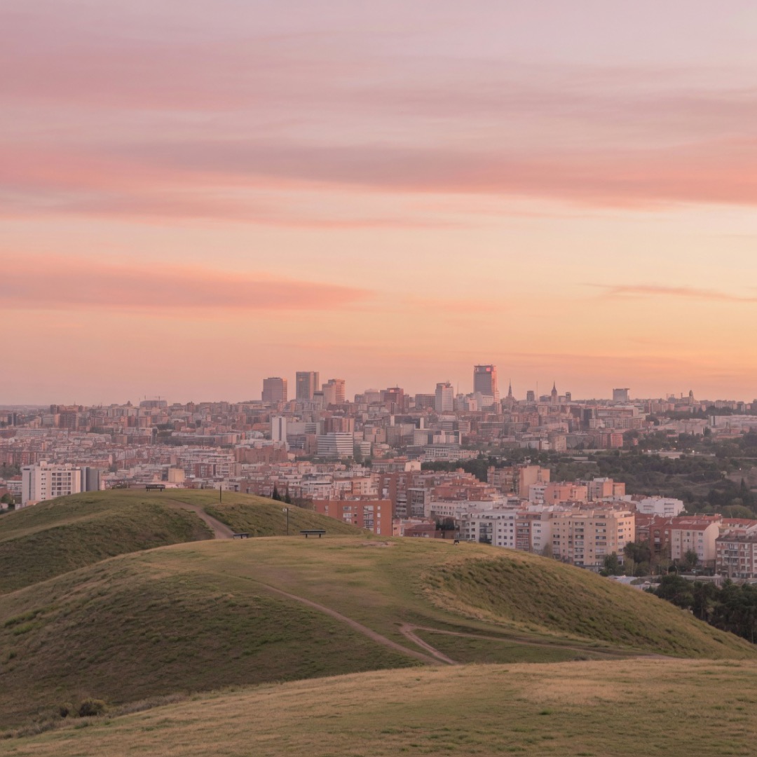 Sunset view over Madrid's eastern skyline from Cerro del Tío Pío