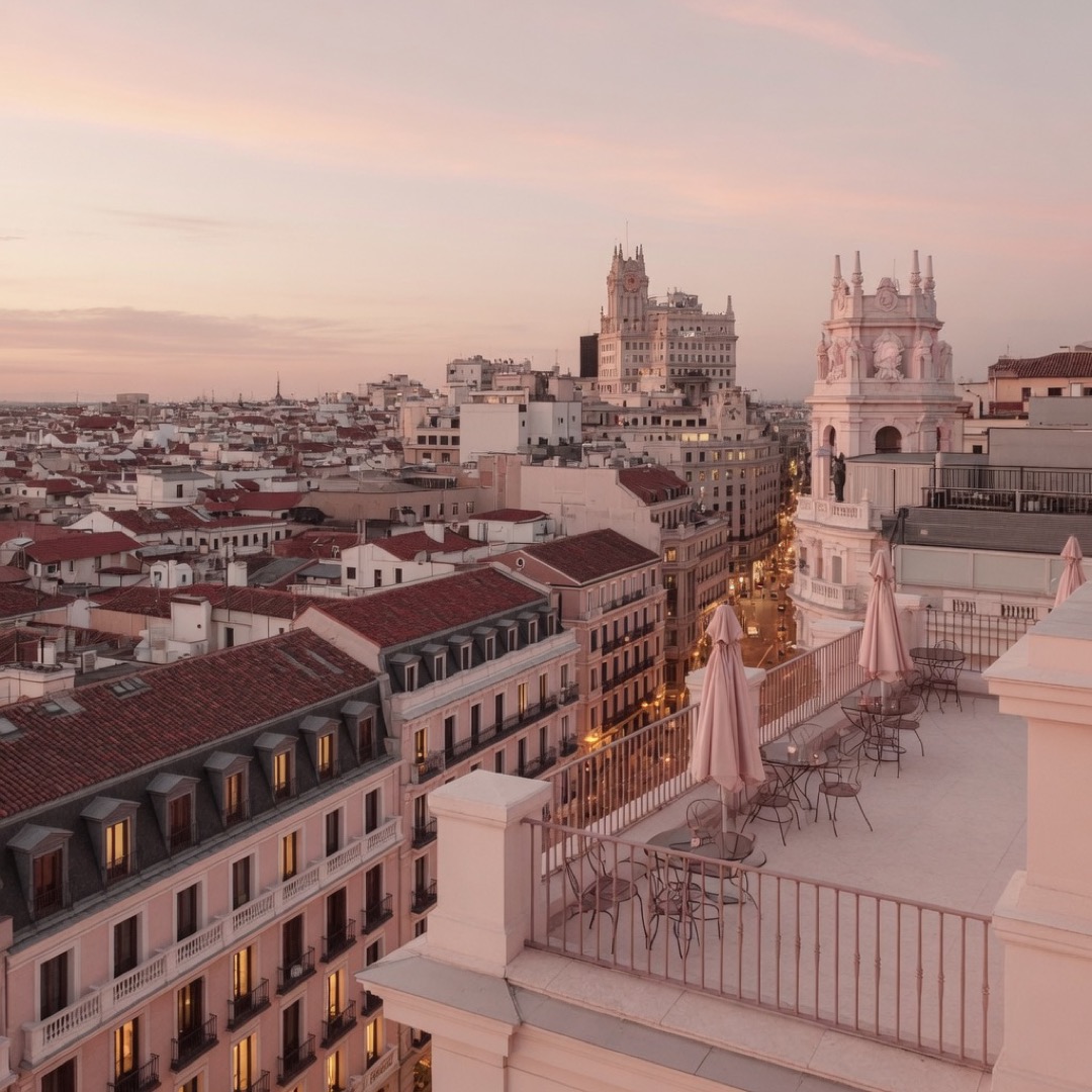 Rooftop terrace of Círculo de Bellas Artes overlooking Gran Vía at dusk
