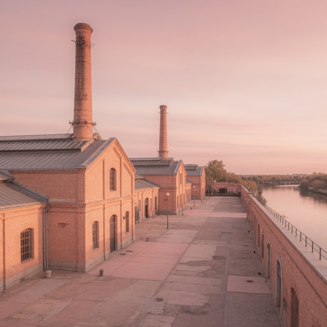 Brick halls and courtyards of Matadero Madrid at evening light