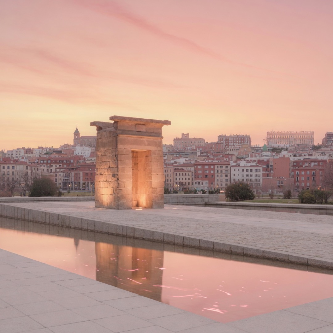 Temple of Debod terrace at sunset above Madrid