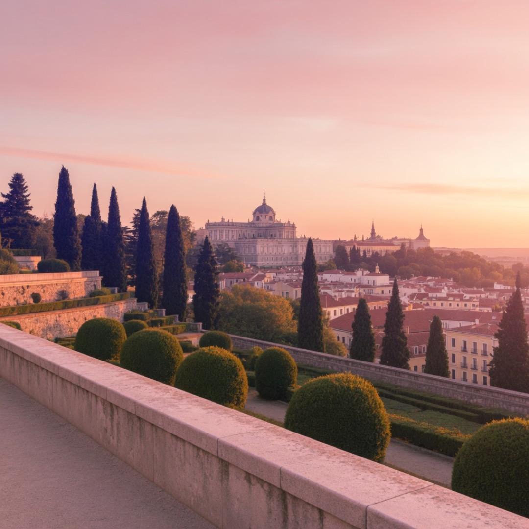 Sunset over Madrid seen from Vistillas Gardens in La Latina