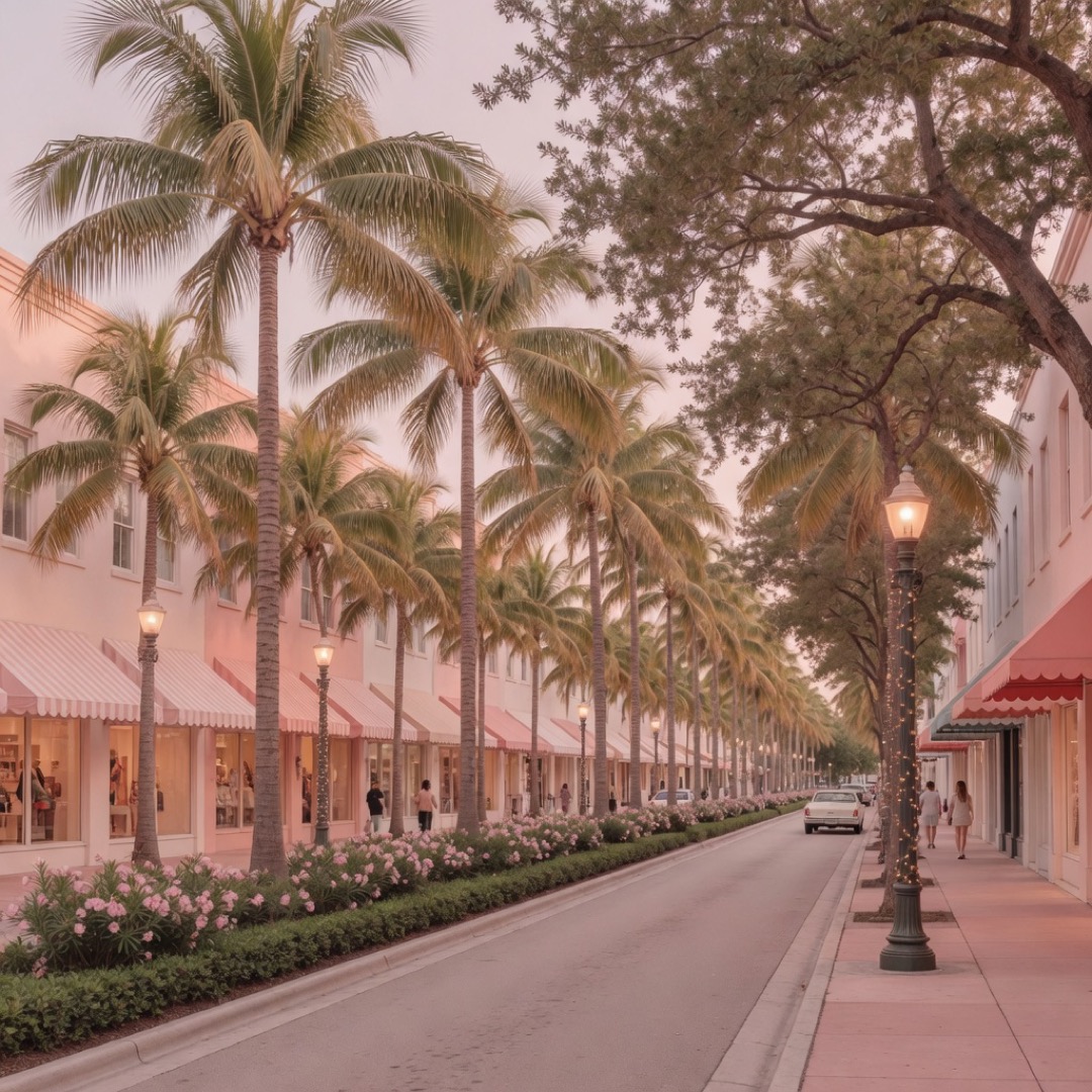 Tree-lined shopping street in Coral Gables, Miami