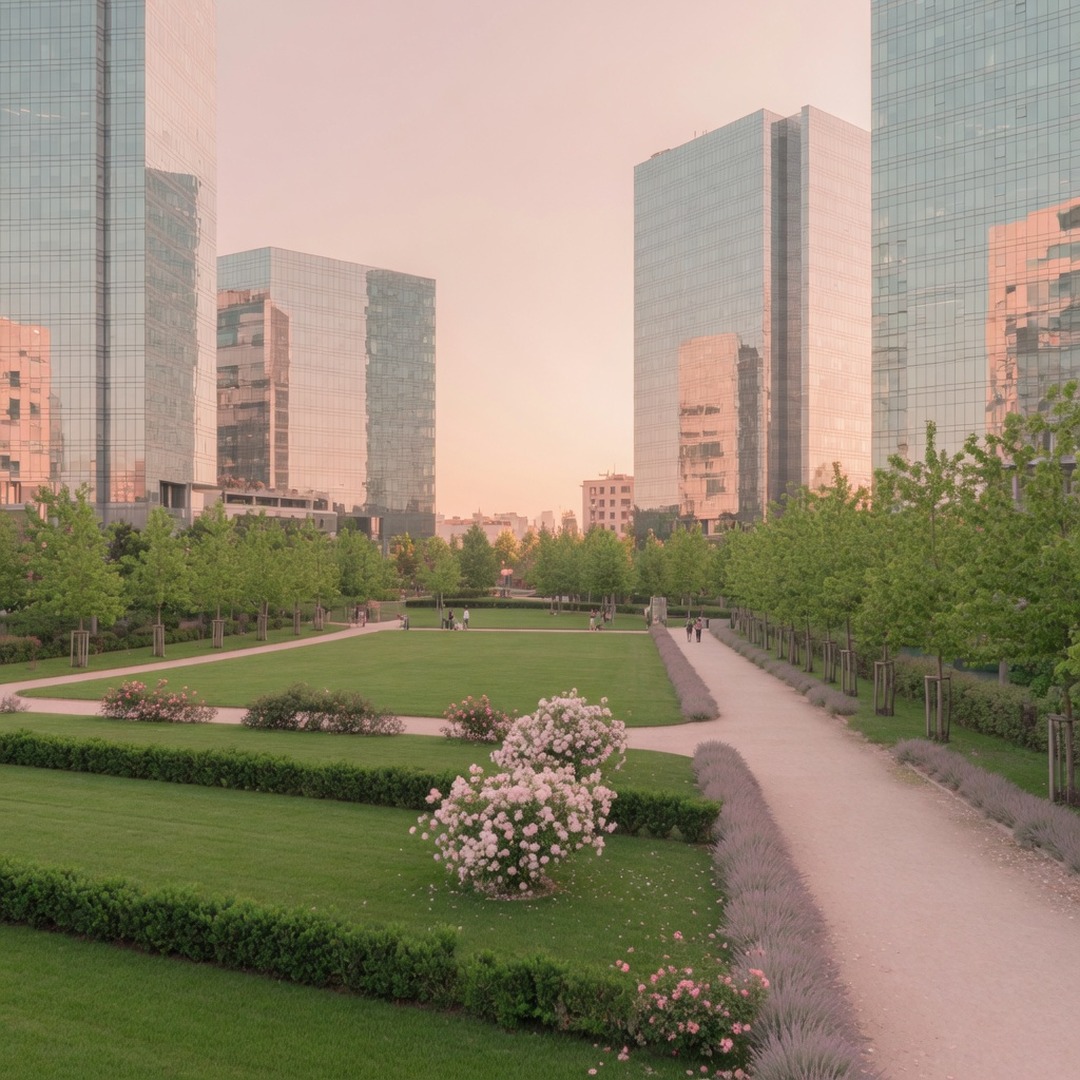 Lawns and gardens of BAM at the foot of Milan's new skyscrapers