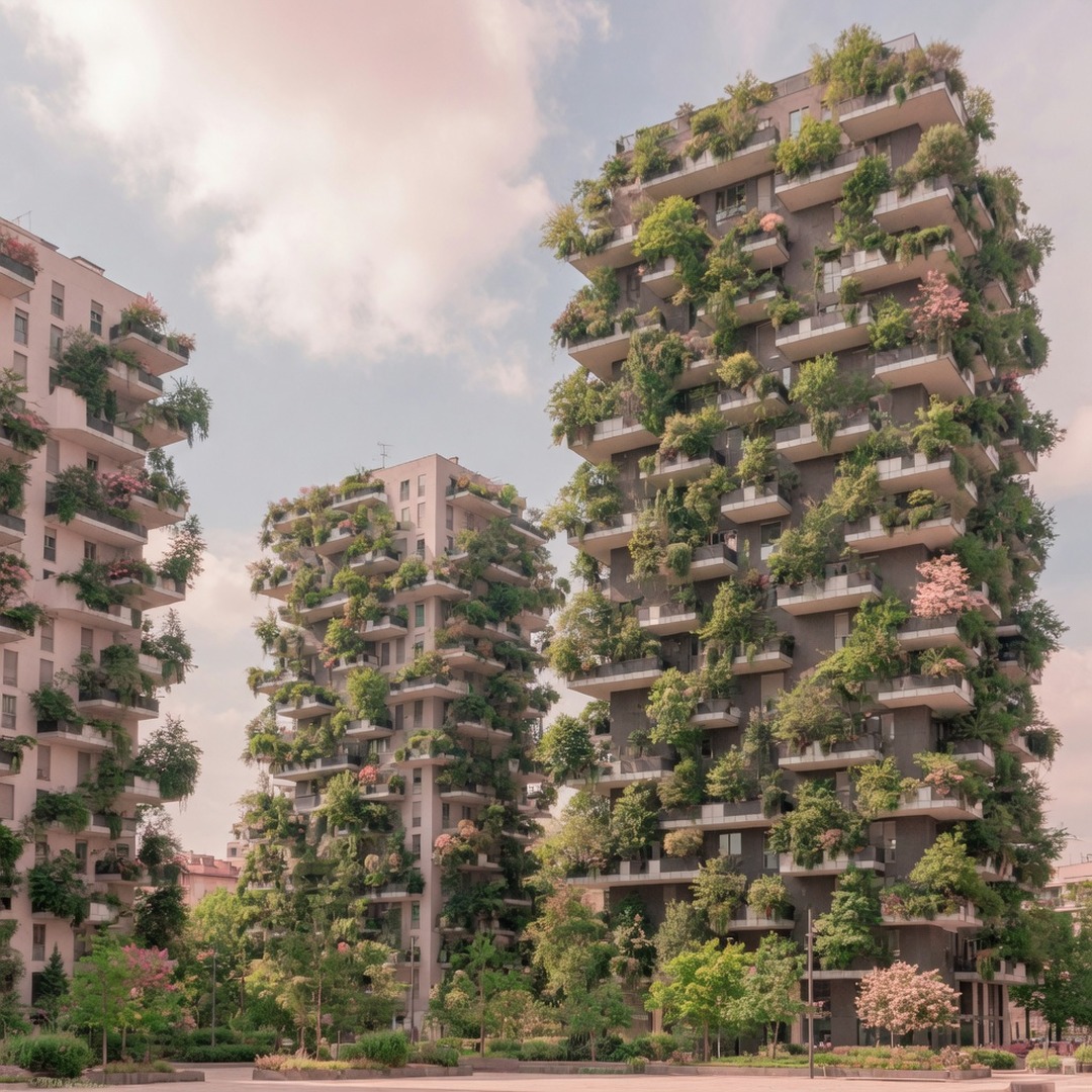 The tree-covered balconies of Bosco Verticale towers in Porta Nuova
