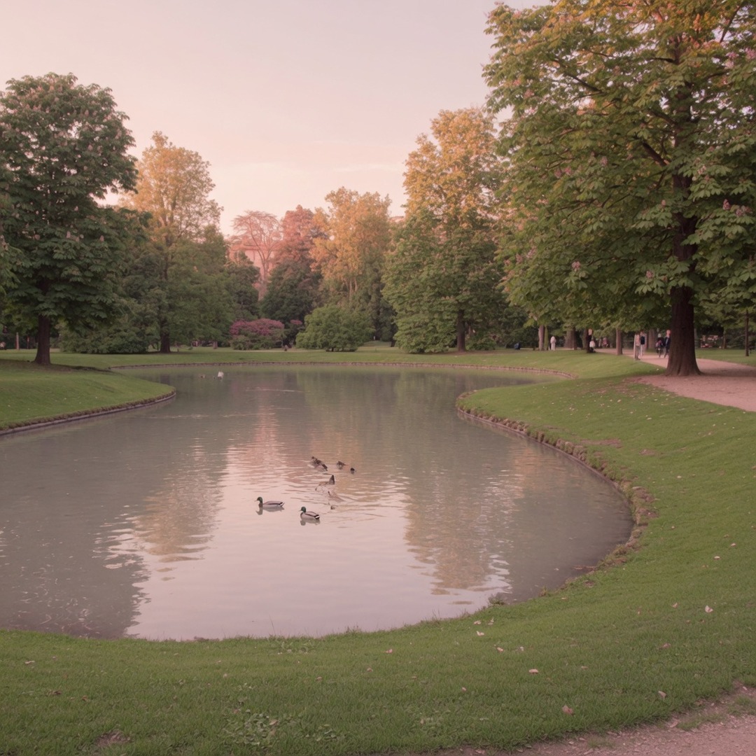 Lake and lawns of Parco Indro Montanelli in Milan