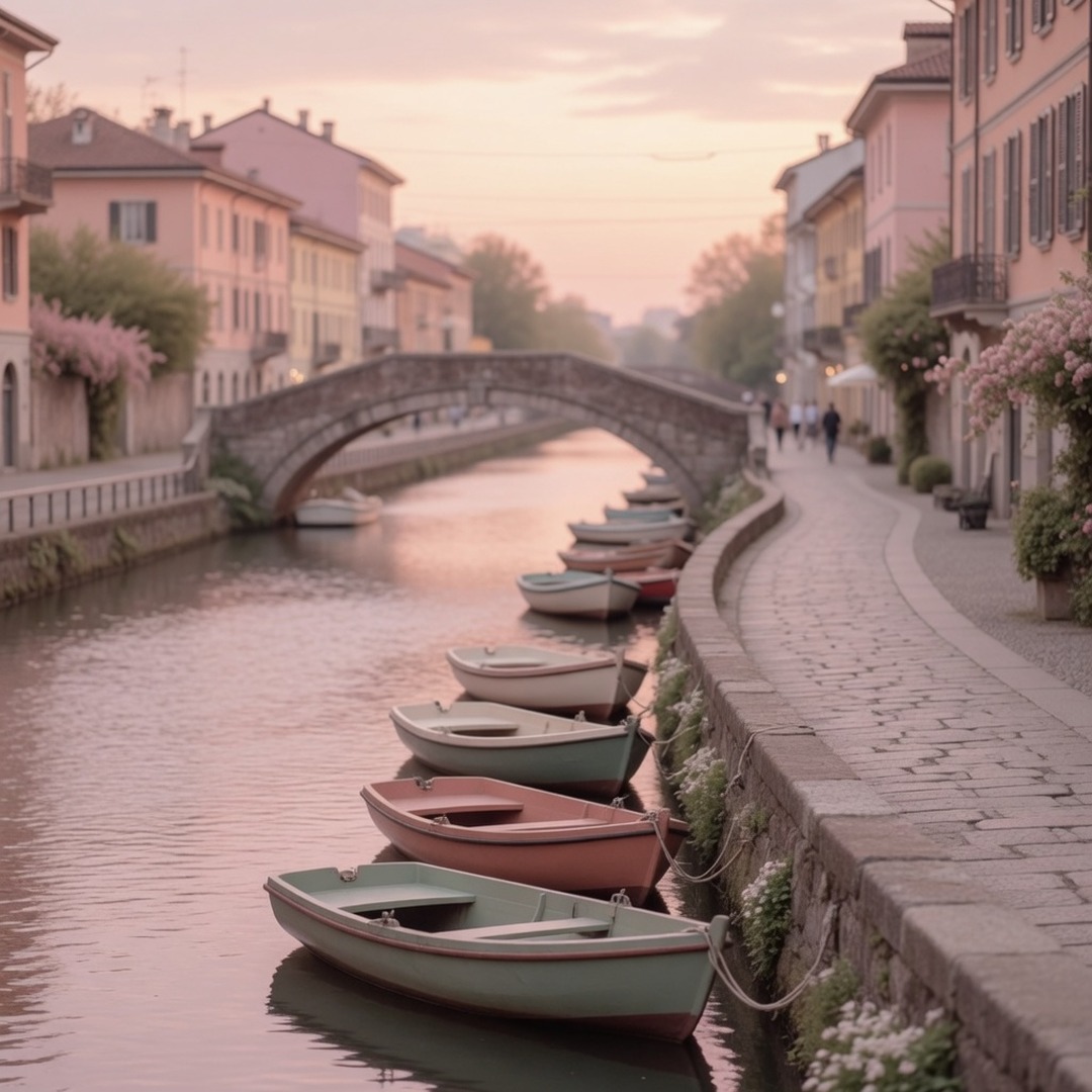 Canal towpath in Milan with bridges and evening light
