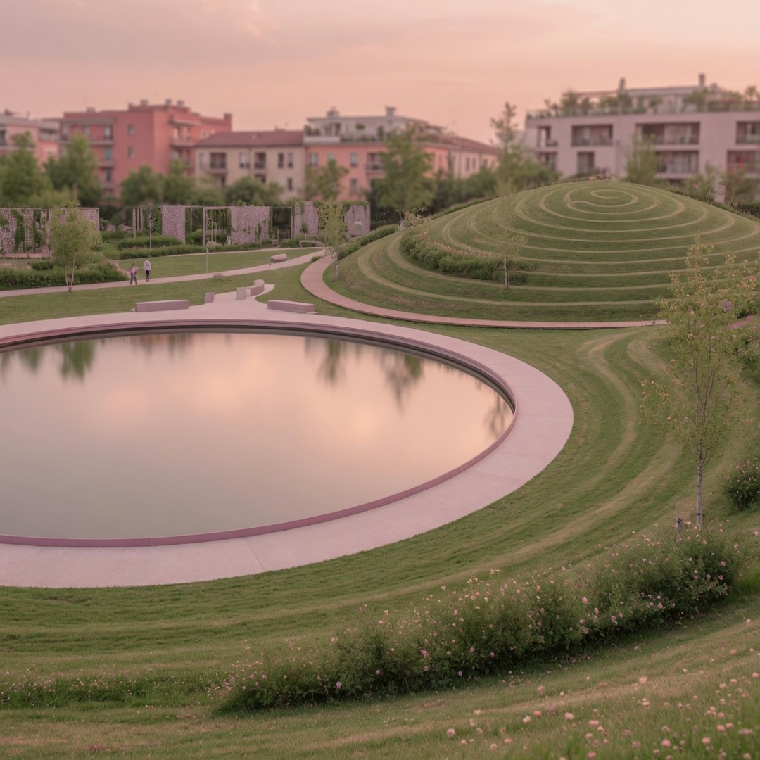 The circular lake and spiral hill of Parco Portello in Milan