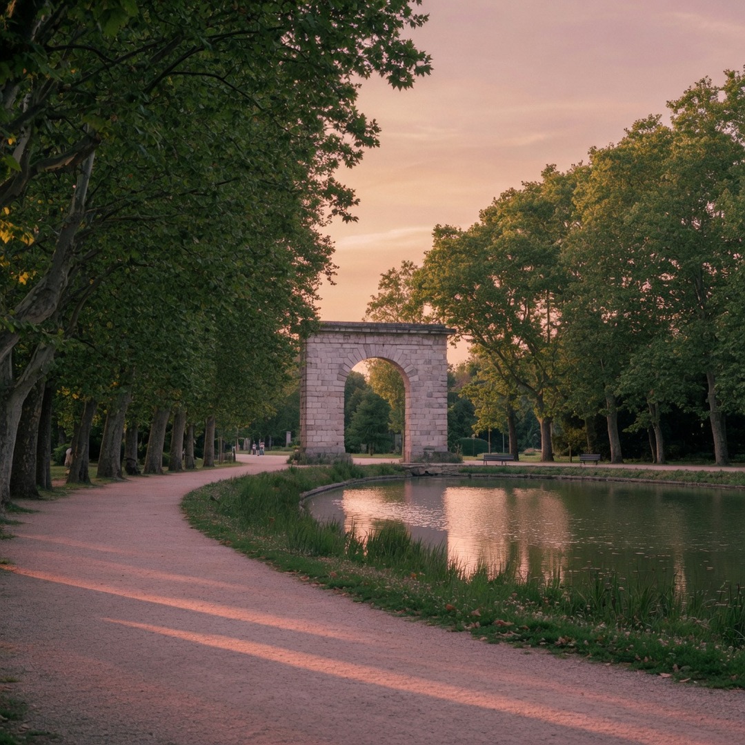 Tree-lined avenues and pond of Parco Sempione with the Arco della Pace