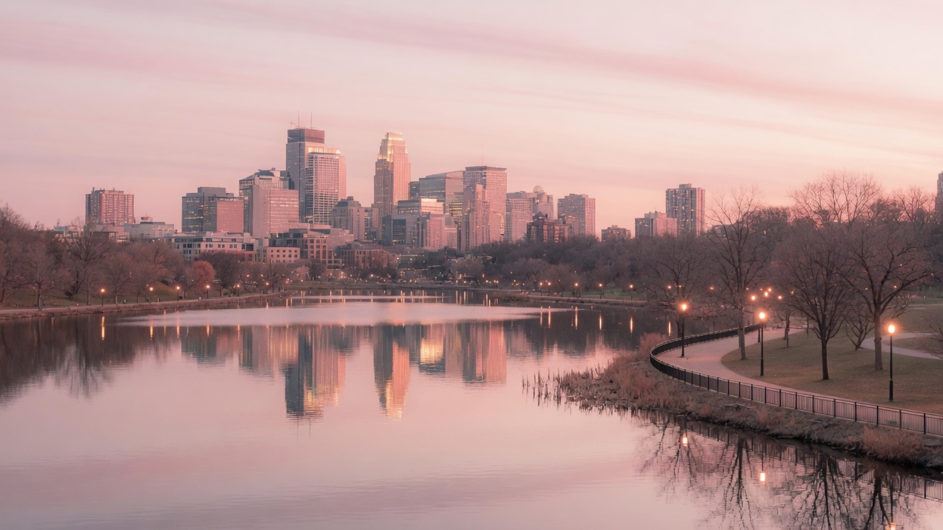 Lakes and soft dusk light over the Minneapolis skyline