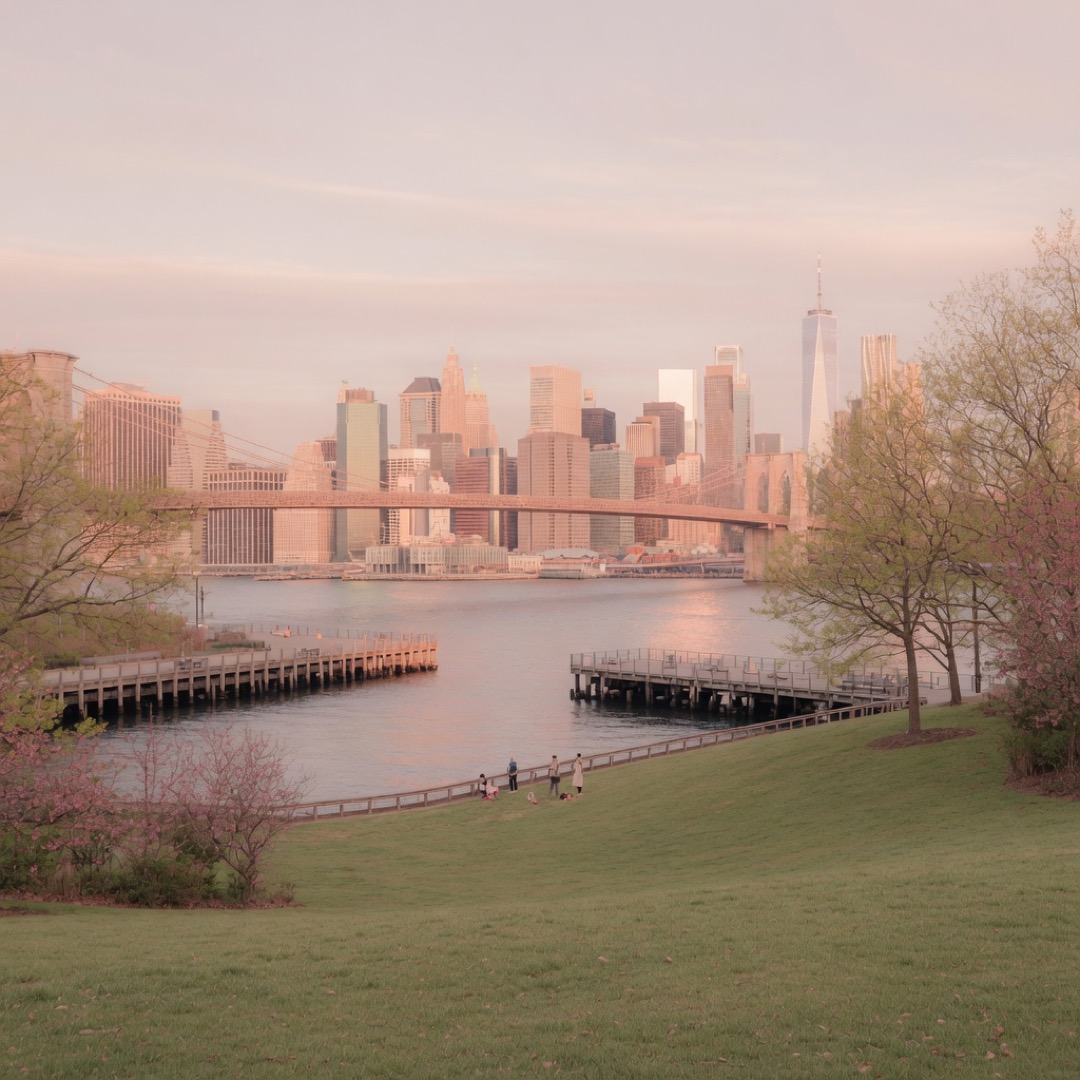 Grass lawns and Manhattan skyline from Brooklyn Bridge Park