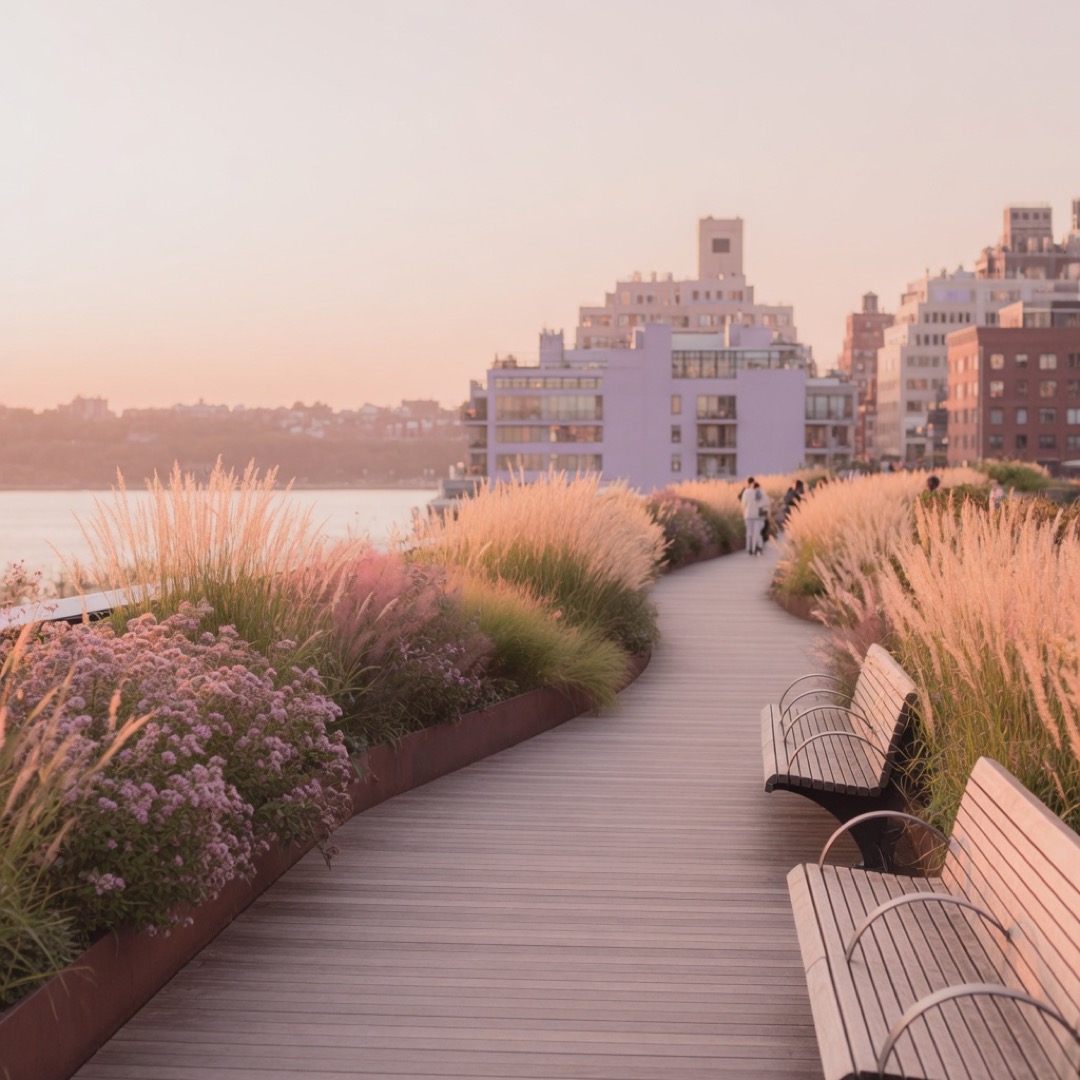 Elevated park path with plantings along the High Line in New York