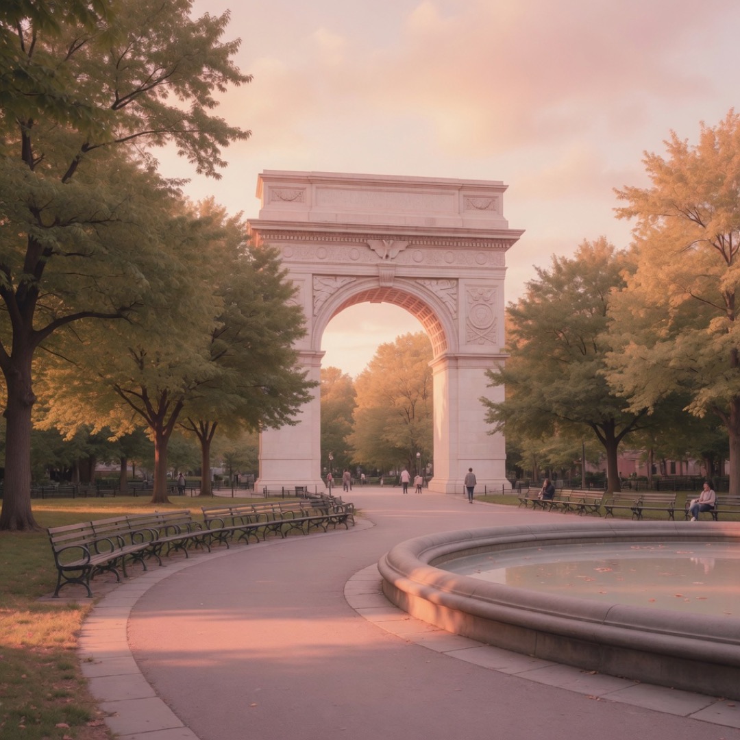 Washington Square Arch and park paths in New York