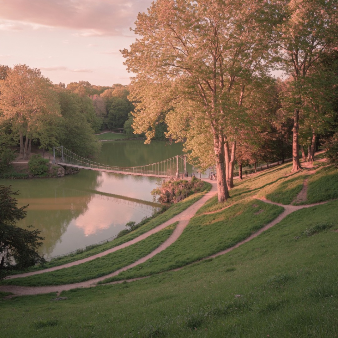 Green slopes and trees in Parc des Buttes-Chaumont, Paris
