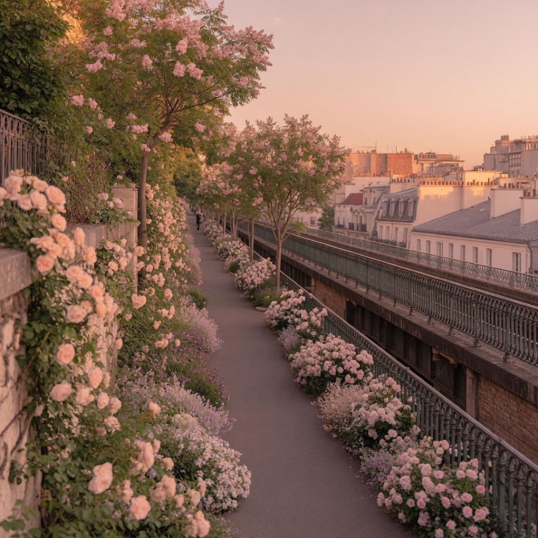 Tree-lined path on the Coulée verte promenade in Paris