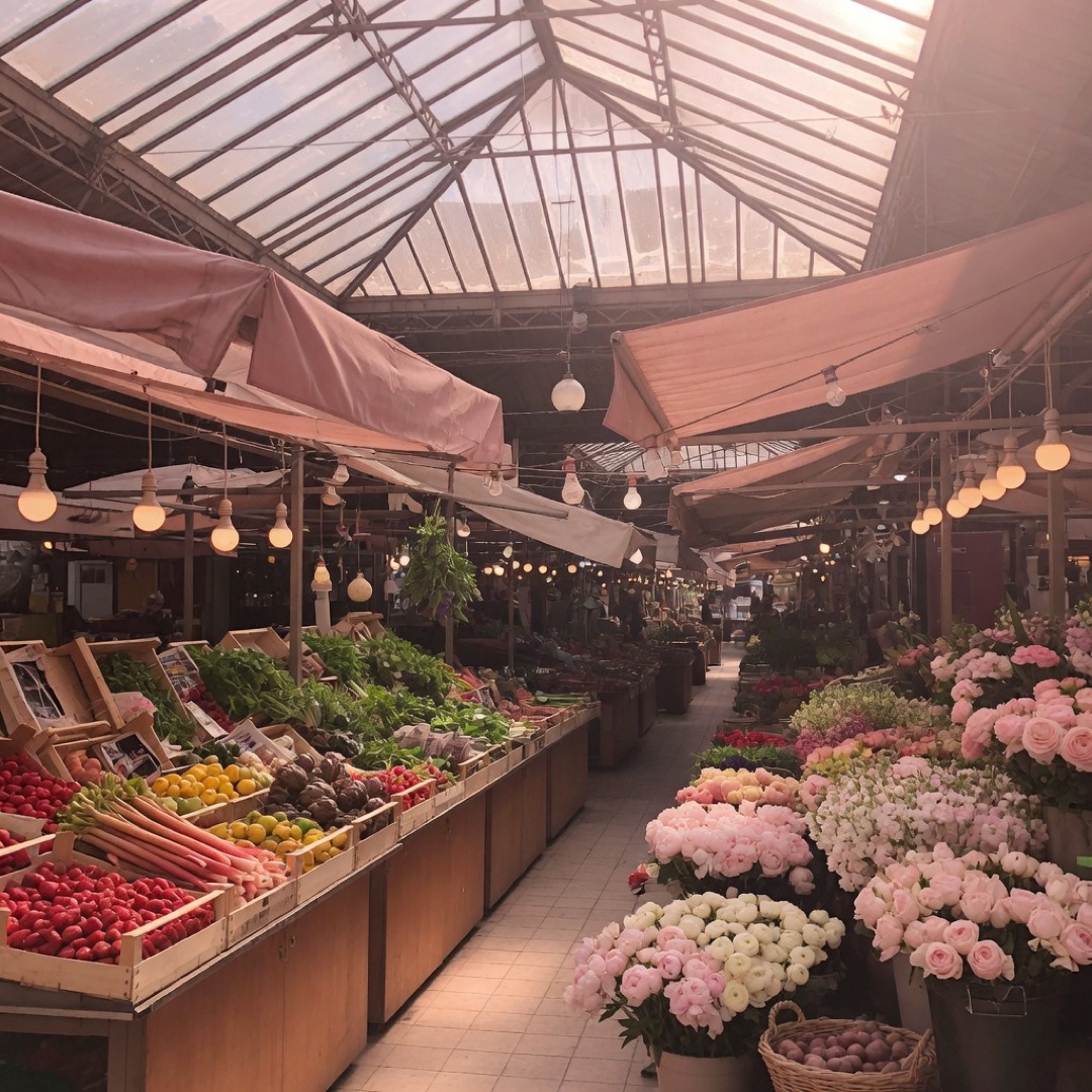 Food stalls inside a covered Paris market