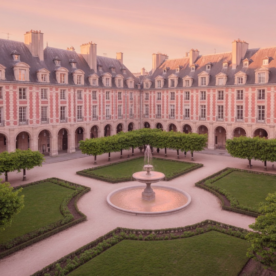 Arcades and square at Place des Vosges in the Marais, Paris