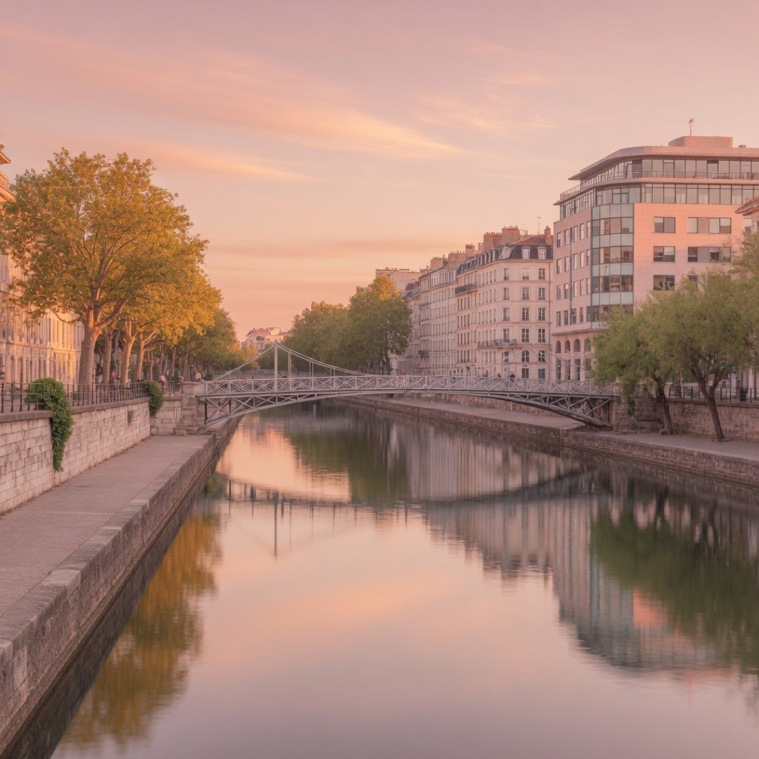 Wide water basin and quays at Bassin de la Villette, Paris