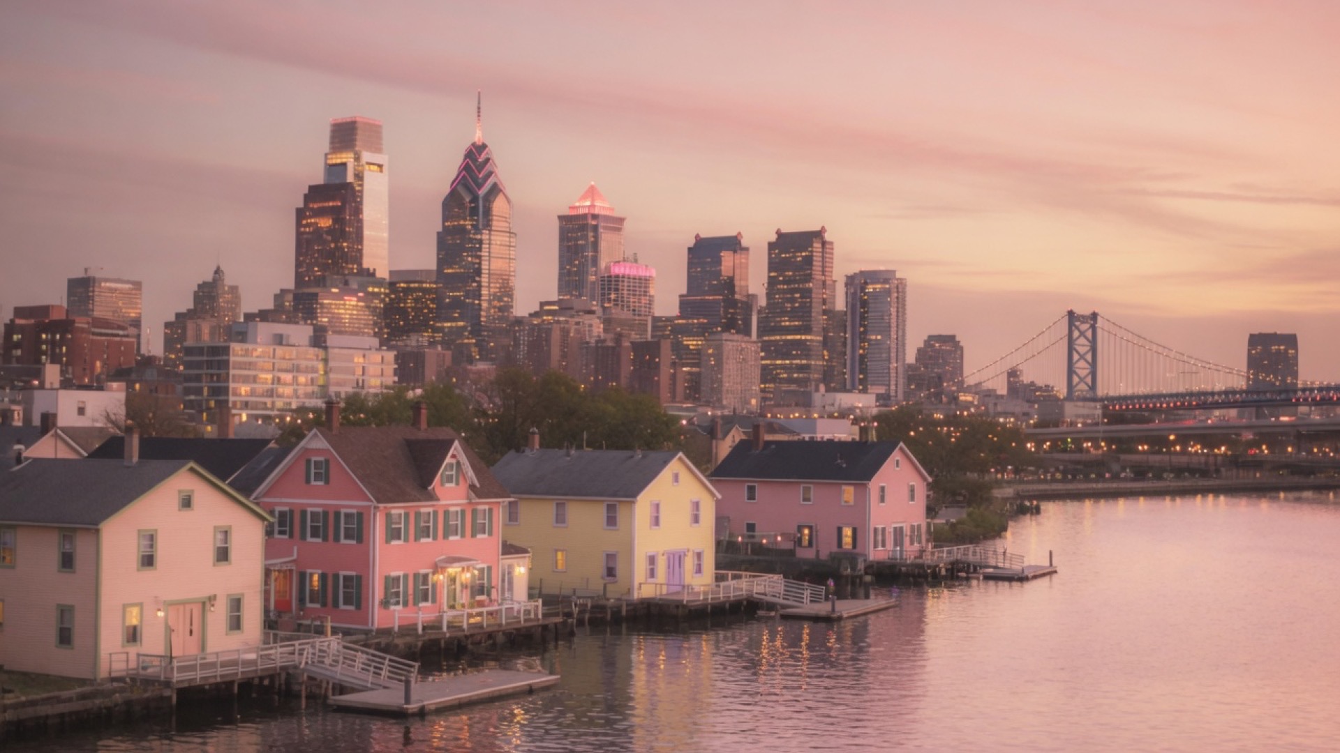 River and skyline over Philadelphia at dusk