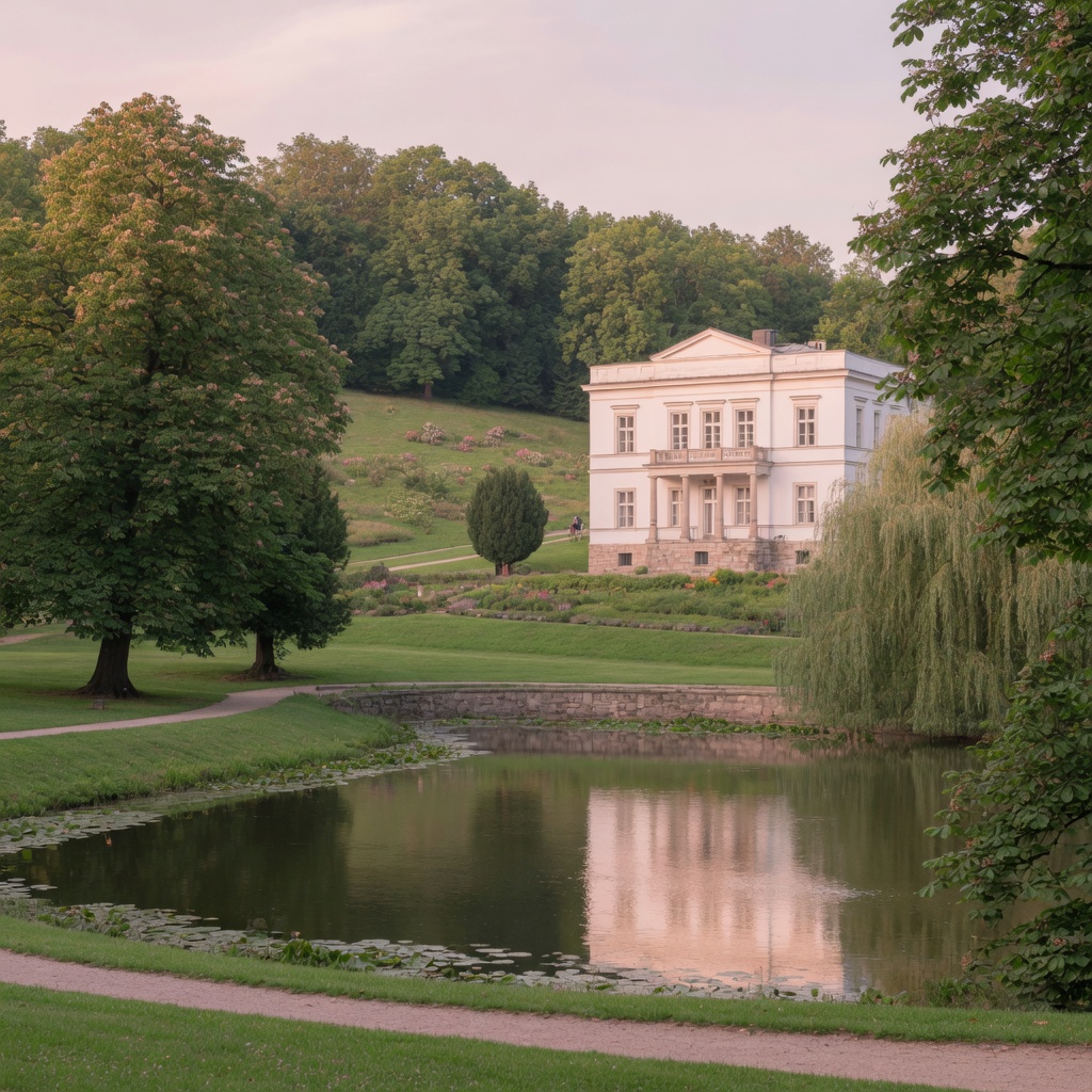 The classicist Musaion and pond in Kinský Garden below Petřín