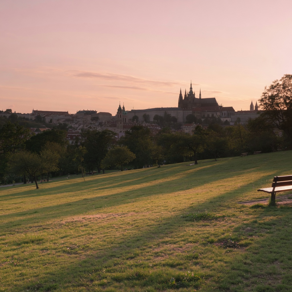 Sunset over Prague Castle seen from the grassy slope of Riegrovy sady