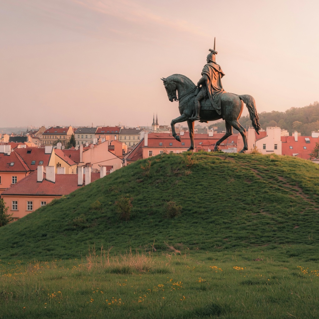 The Jan Žižka equestrian statue on Vítkov hill above Žižkov rooftops