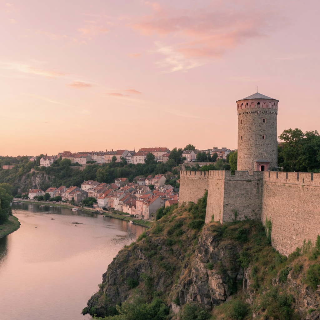 Fortress walls of Vyšehrad overlooking the Vltava at golden hour