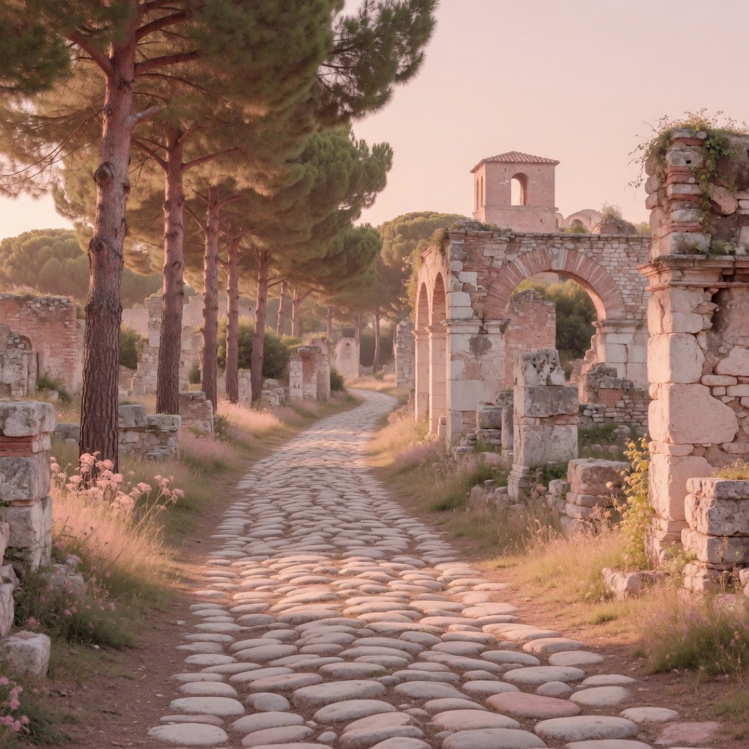 The cobbled Appian Way between pines and ruins at golden hour