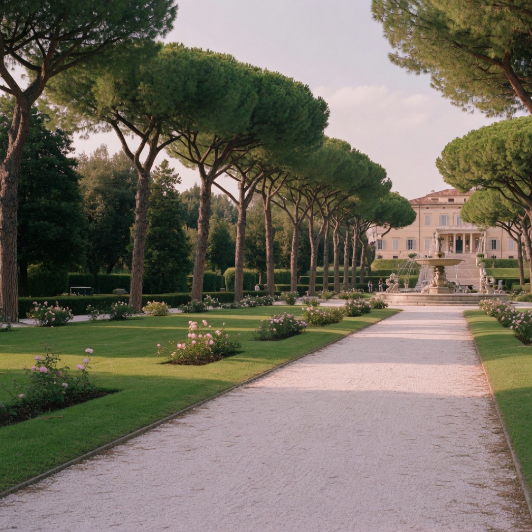 Pines and lawns of Villa Borghese park in Rome