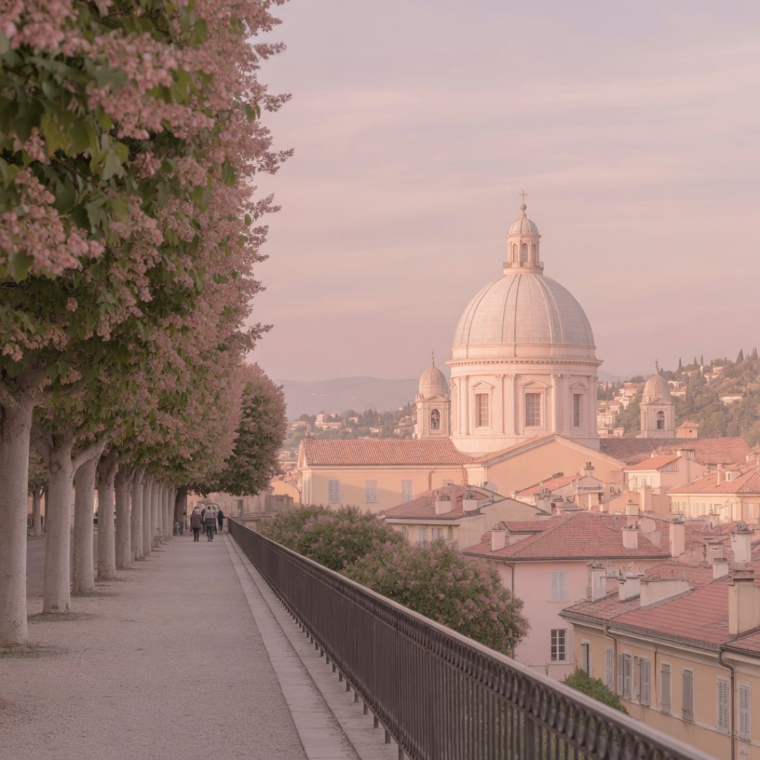 Tree-lined Gianicolo promenade with the panorama over Trastevere and St. Peter's