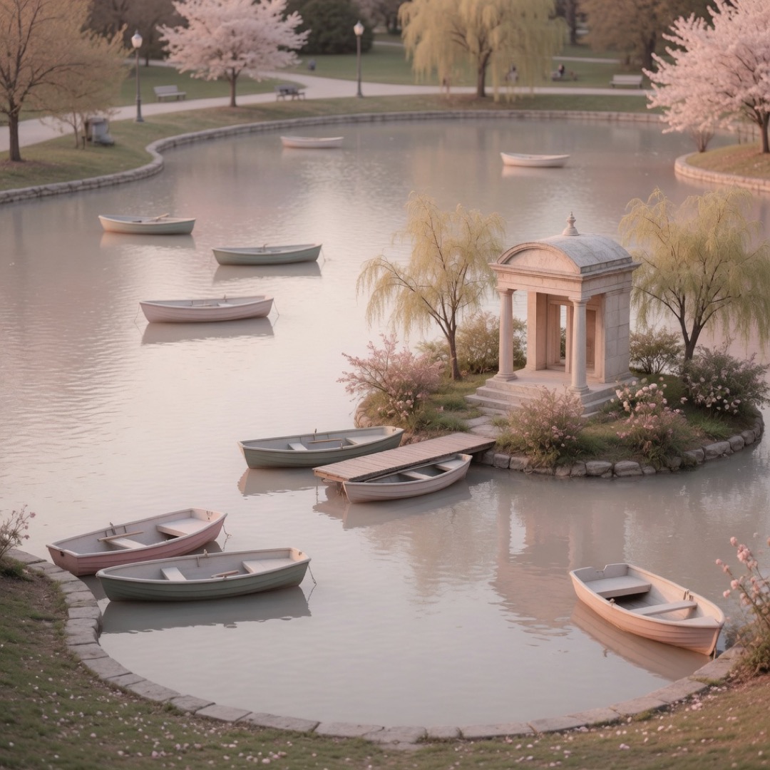 Rowboats on the Giardino del Lago with the Tempietto di Esculapio in Villa Borghese
