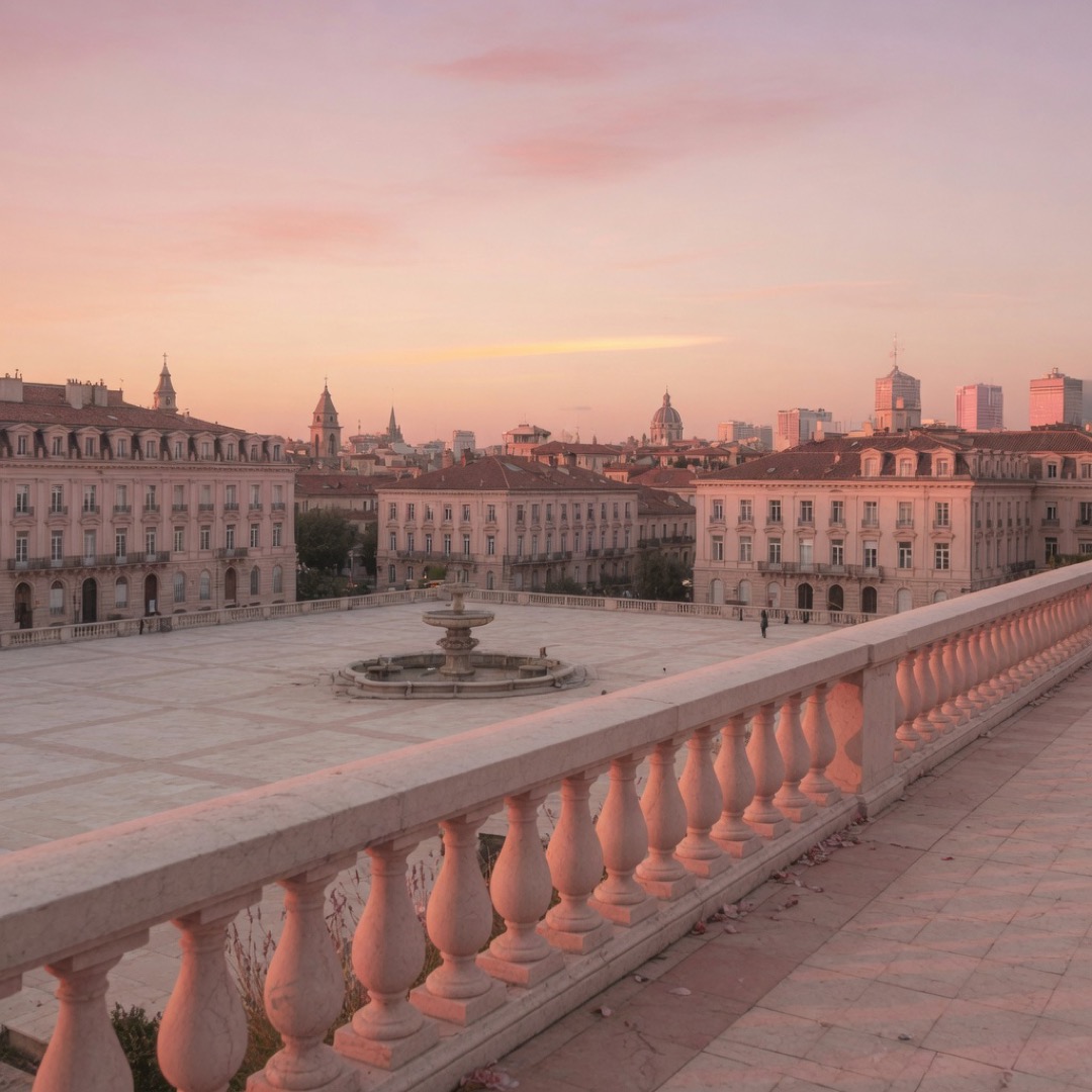 Pincio terrace above Piazza del Popolo at sunset, Rome skyline behind