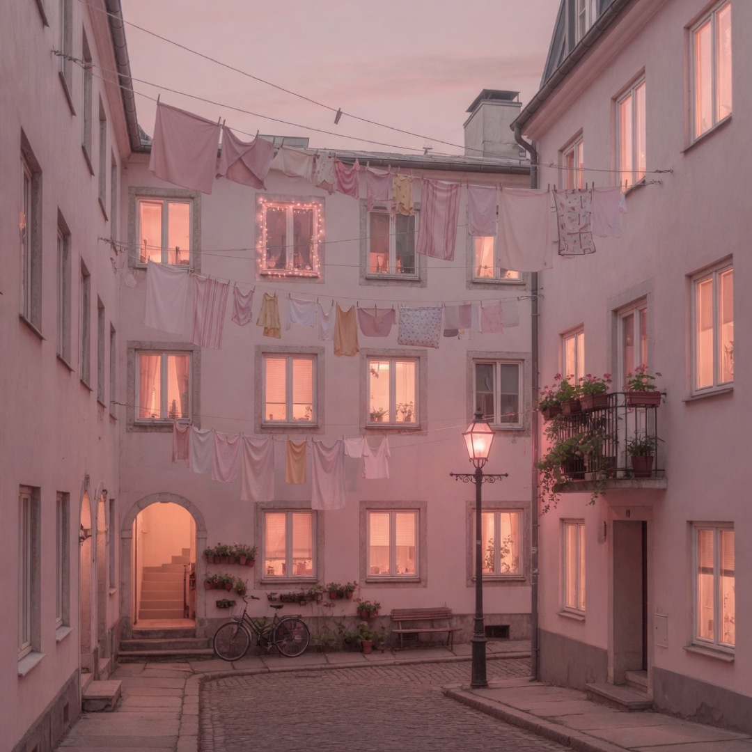Evening streets of Trastevere with laundry lines and warm light