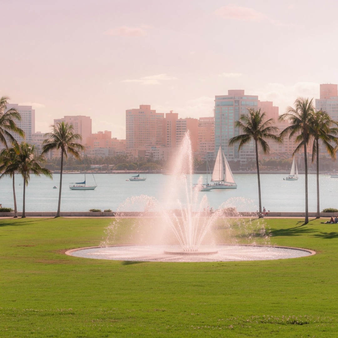 Lawn and fountains at Waterfront Park, San Diego