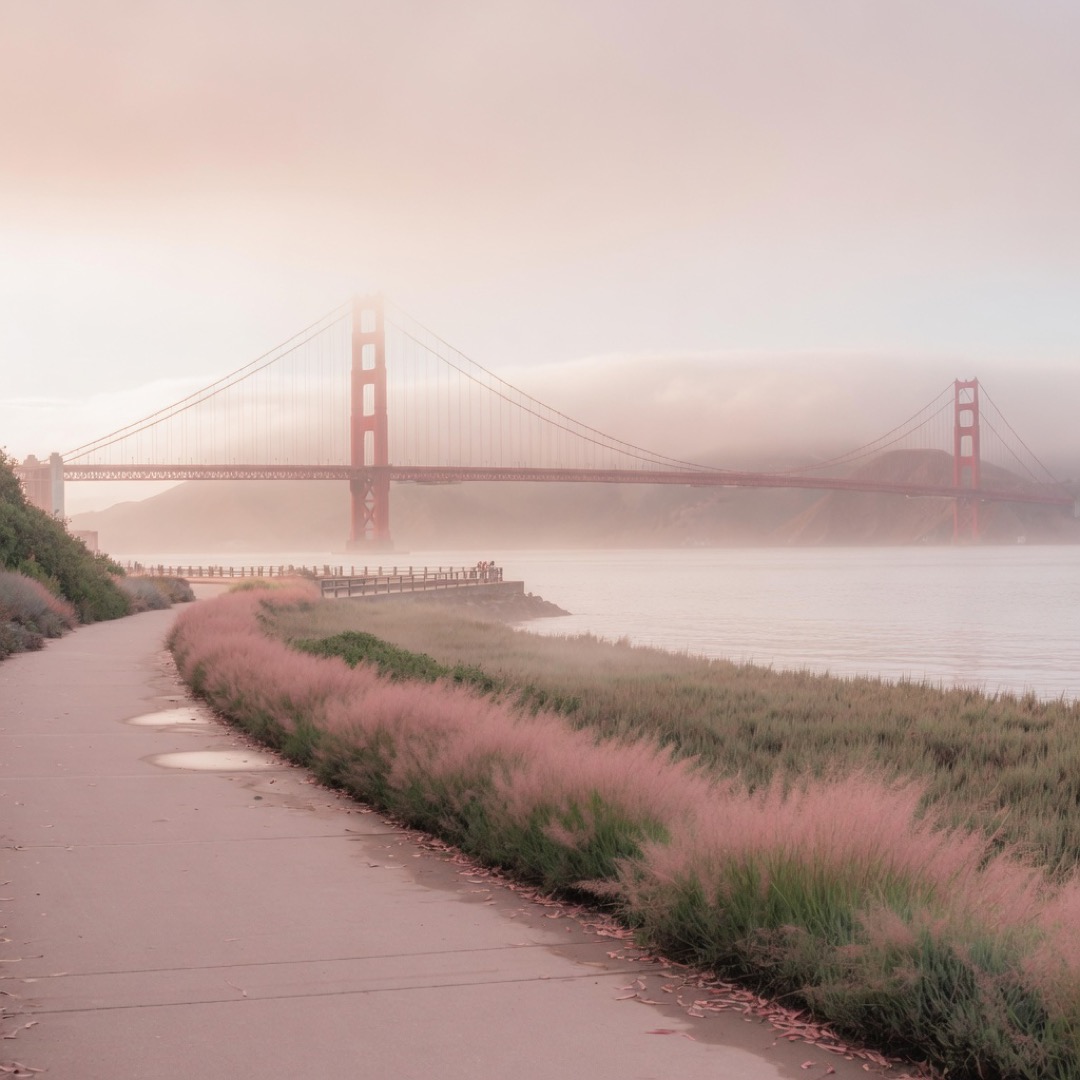 Bayfront path with the Golden Gate Bridge at Crissy Field