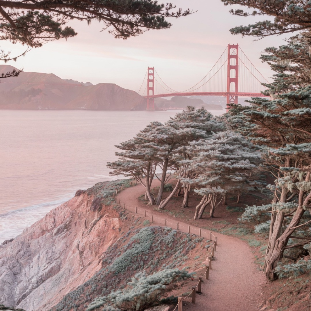 Coastal trail with bridge view at Lands End, San Francisco