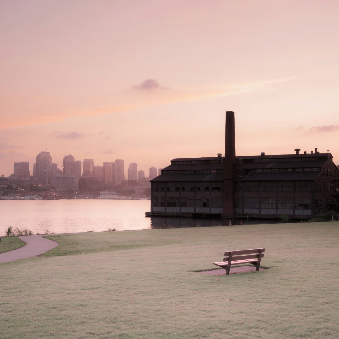 Lakeside lawn with skyline at Gas Works Park, Seattle