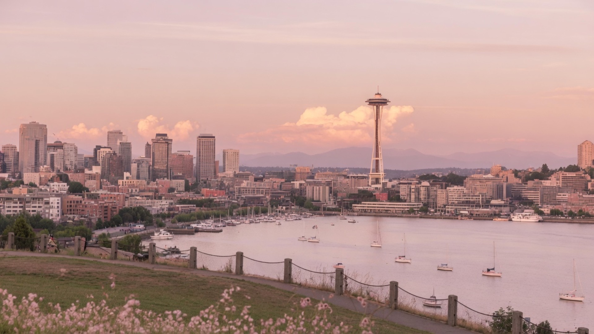 Evening light over the Seattle waterfront and skyline