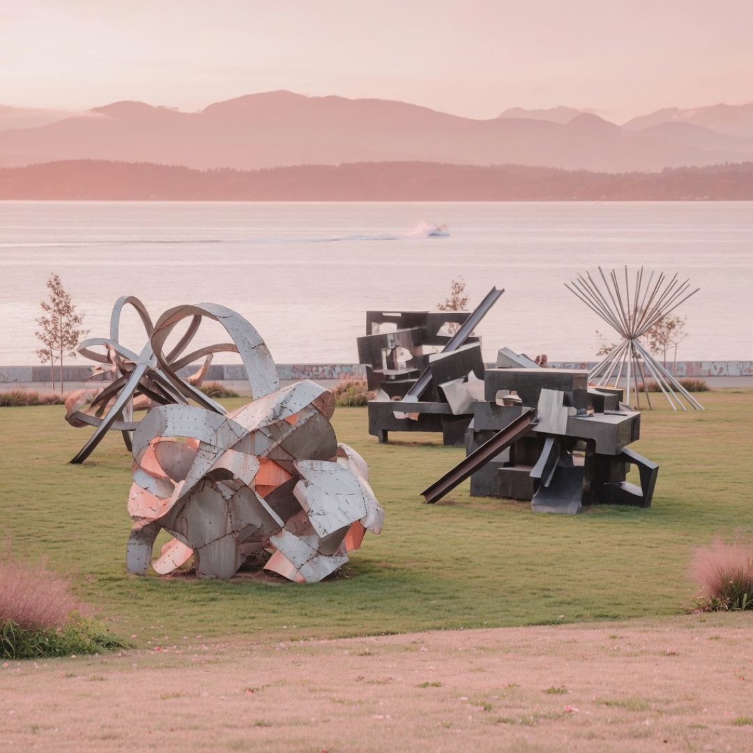 Outdoor sculpture and bay view at Olympic Sculpture Park, Seattle