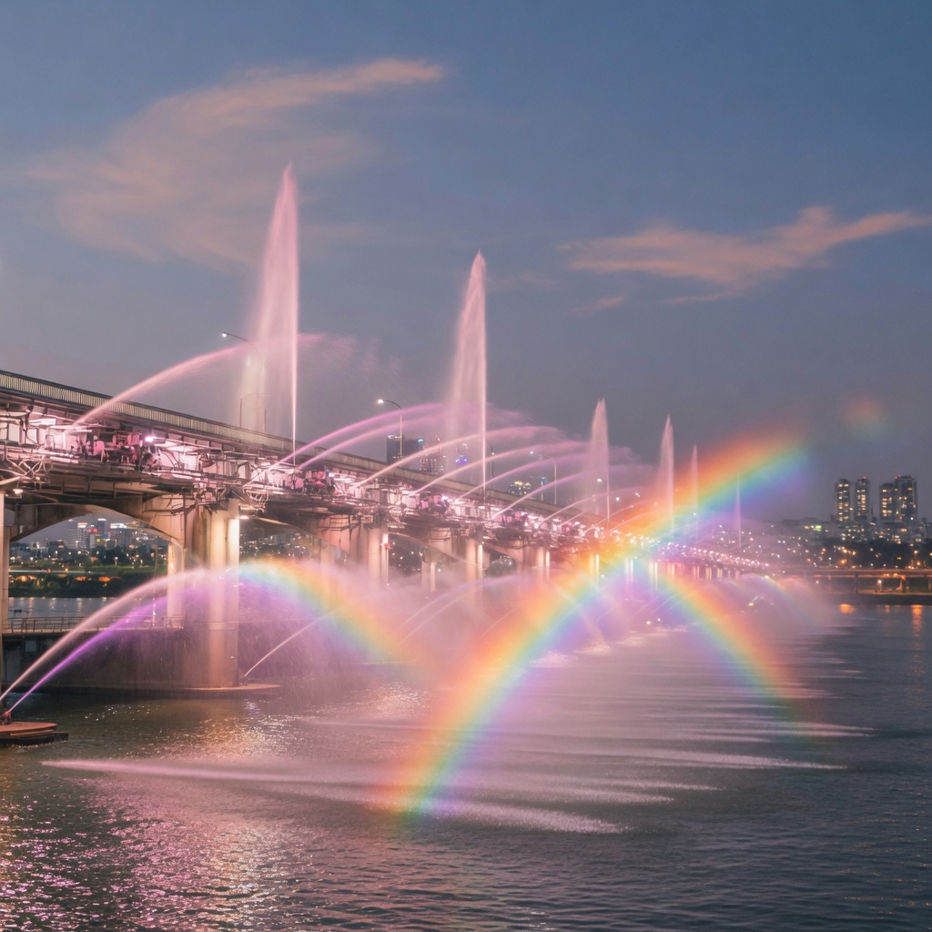 The Banpo Bridge Moonlight Rainbow Fountain lit over the Han at night