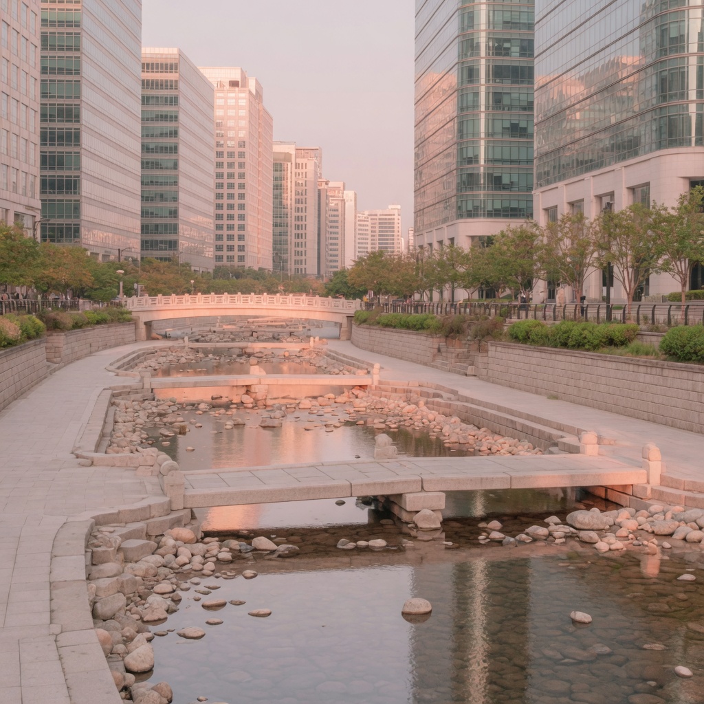 The restored Cheonggyecheon stream running through downtown Seoul