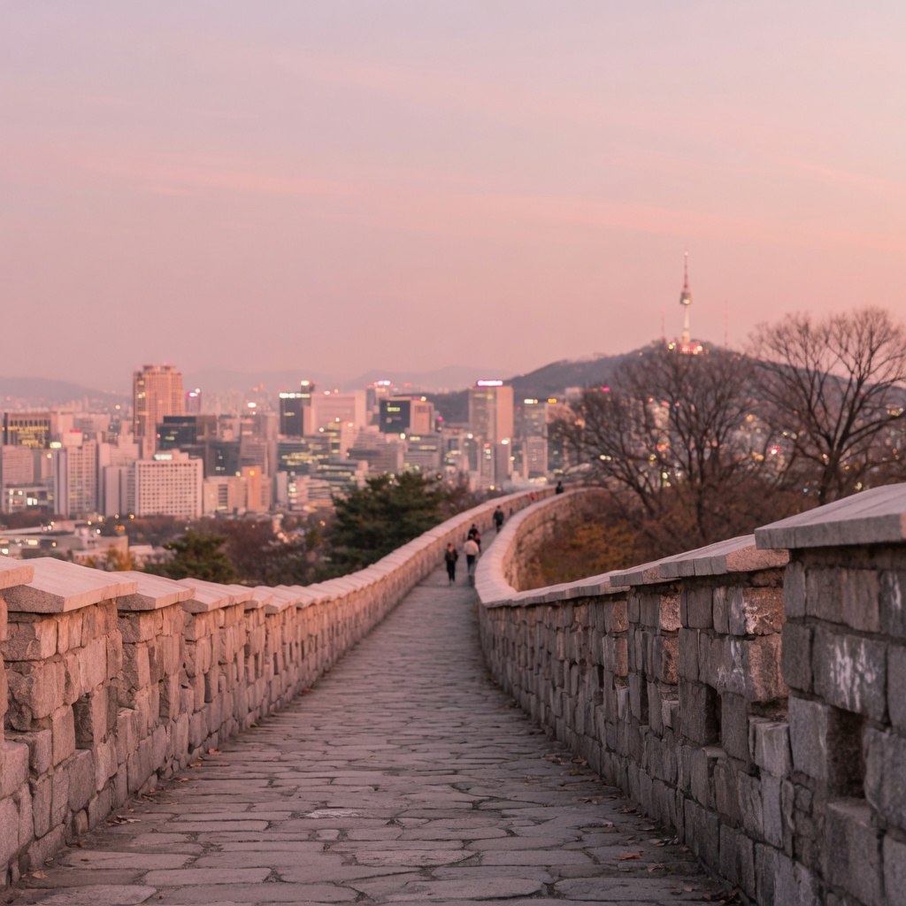 The Seoul City Wall path on Naksan Park with evening city views