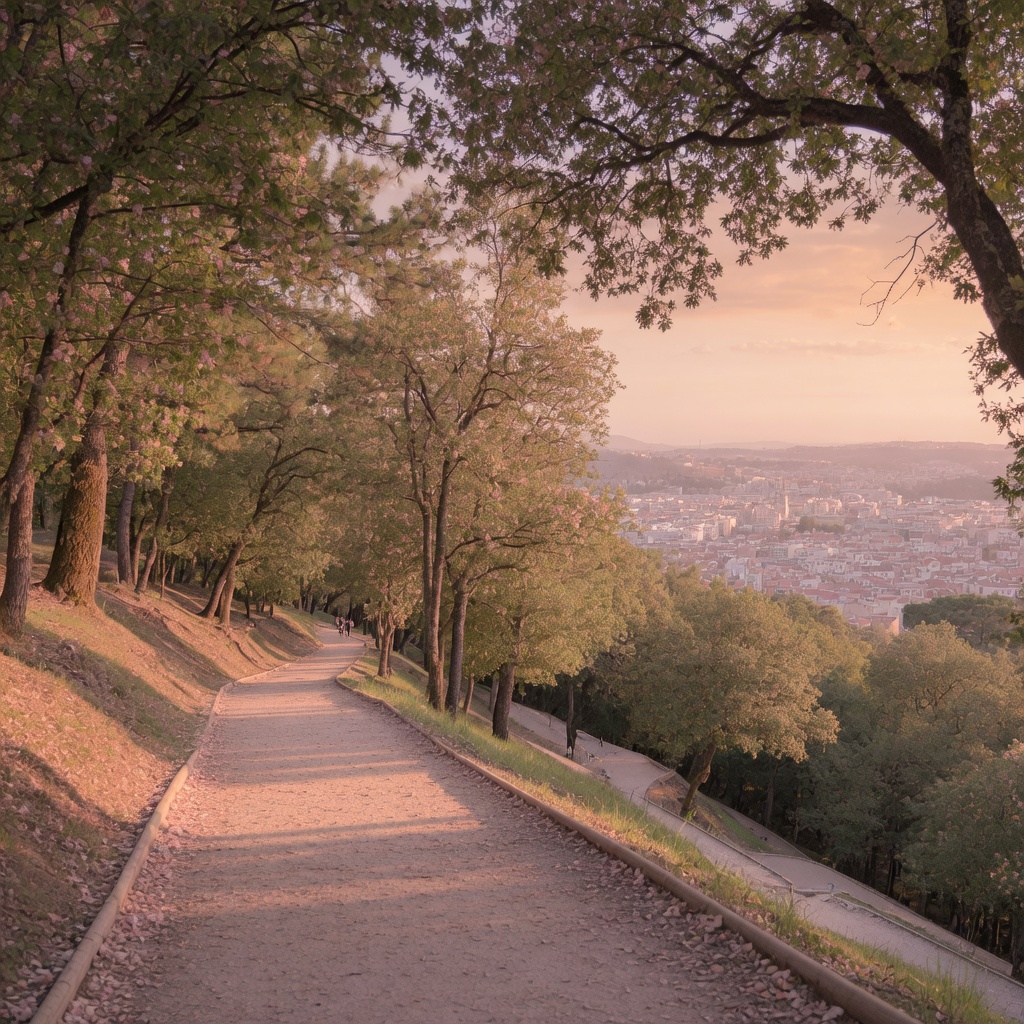 Tree-lined walking trails on Namsan Park above central Seoul