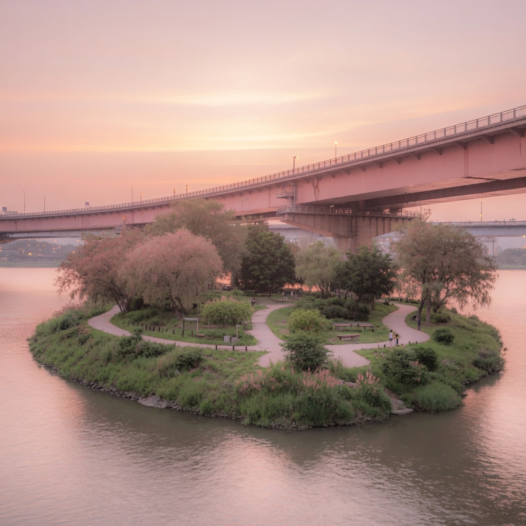 Nodeul Island and its riverside paths under the Hangang Bridge at sunset