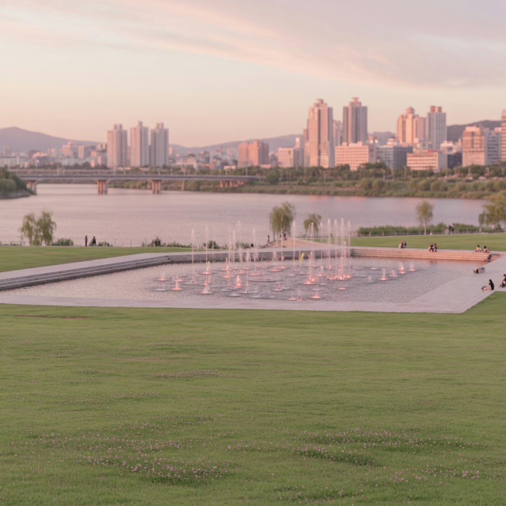 The big lawn and water plaza of Seoul Forest with the Han River beyond