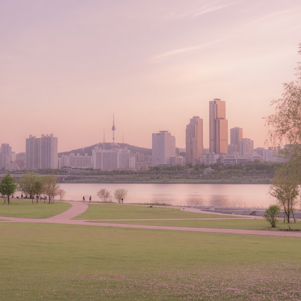 Wide grassy banks of Yeouido Hangang Park along the Han River