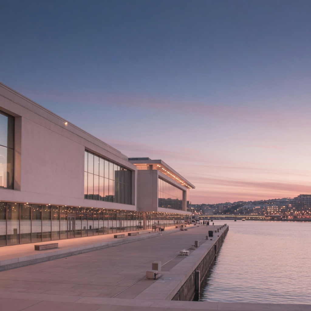 The Fotografiska museum quay on Södermalm's waterfront at dusk